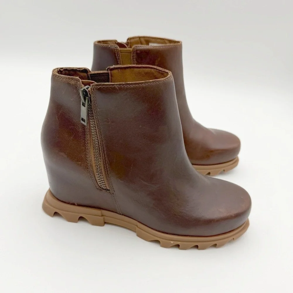 SOREL Womens Hazelnut Leather Joan of Arctic Wedge III Zip Ankle Boots Size 8